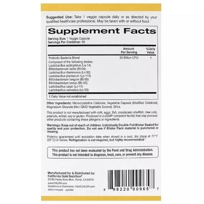 Пробіотики LactoBif California Gold Nutrition 30 млрд КОЕ, 60 капсул