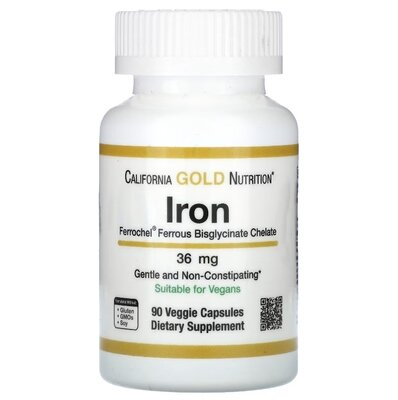 Залізо California Gold Nutrition Iron 36 мг, 90 рослинних капсул