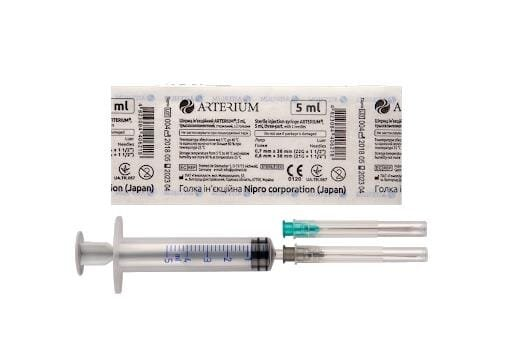 Шприц 5 мл Arterium 3-х компонентний з двома голками 22G (0,7 х 38 мм) та 21G (0,8 х 38 мм), 1 штука