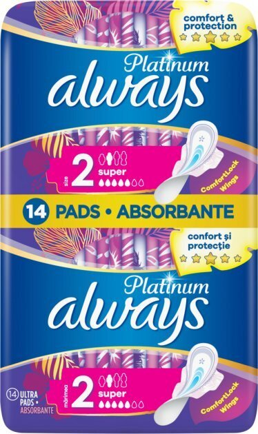 Прокладки гігієнічні Always Platinum Super, 4 крапель, 2 розмір, 14 шт