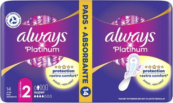 Прокладки гігієнічні Always Platinum Super, 4 крапель, 2 розмір, 14 шт