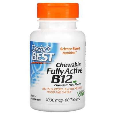 Вітамін В12 1000 мкг Doctor's Best Chewable Fully Active B12 шоколадно-м'ятний смак, 60 жувальних таблеток