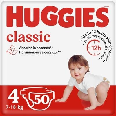 Підгузки Huggies Classic дитячі розмір 4, 7-18 кг, 50 шт