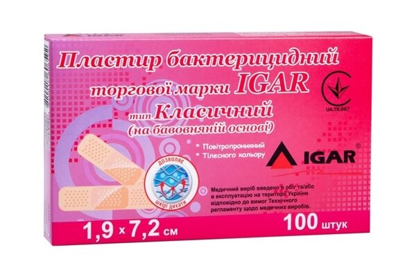Пластир бактерицидний IGAR тип Класичний на тканинній основі (бавовна) 1,9 см х 7,2 см, 1 штука