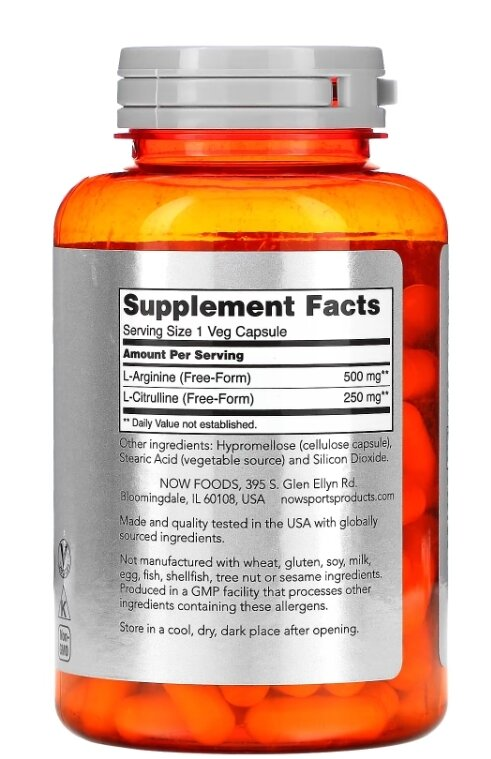 Аргінін та цитрулін NOW Sports Arginine & Citrulline 500 мг/250 мг вег. капсули №120