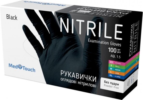 Рукавички оглядові MedTouch нітрилові без пудри нестерильні, розмір M, чорні, 100 штук