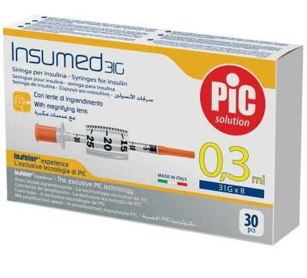 Шприц інсуліновий 0,3 мл Insumed 31G (0,25 х 8 мм), 30 штук