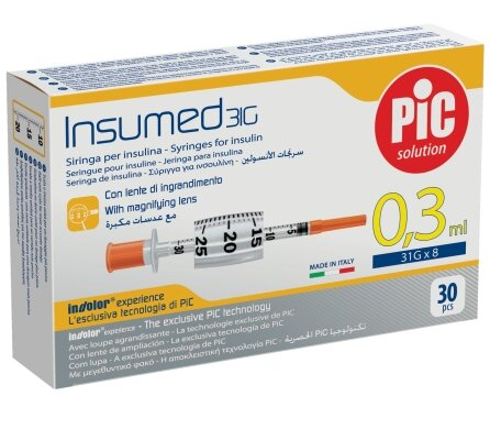 Шприц інсуліновий 0,3 мл Insumed 31G (0,25 х 8 мм), 30 штук
