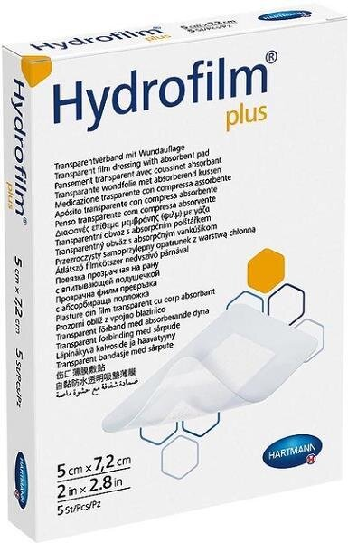 Пов'язка плівкова Hydrofilm Plus прозора з абсорбуючою подушечкою, 5 см х 7,2 см, 5 штук