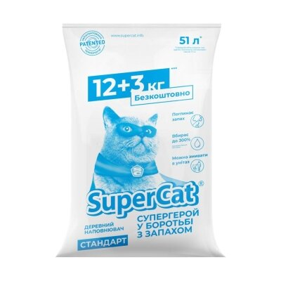 Наповнювач для туалету Collar SuperCat Стандарт деревний без ароматизатора, синій, 12+3 кг (51 л)