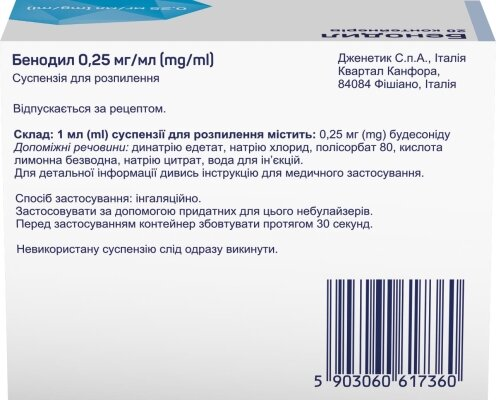 Бенодил суспензія д/розпил. 0.25 мг/мл по 2 мл №20 (5х4) у конт. поліет.