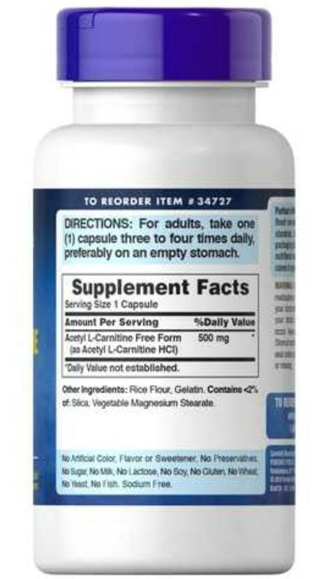Ацетил L-Карнітин Puritan's Pride Acetyl L-Carnitine Free Form 500 мг, 60 капсул