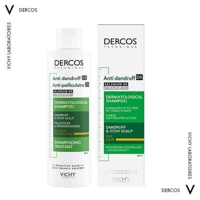Шампунь Vichy Dercos посиленої дії проти лупи для сухого волосся та подразненої шкіри голови, 200 мл