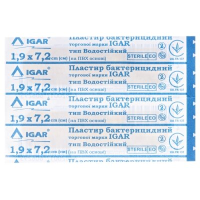 Пластир бактерицидний IGAR тип Водостійкий на полімерній основі (ПВХ) 1,9 см х 7,2 см, 100 штук