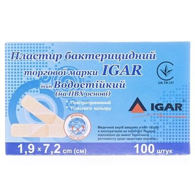 Пластир бактерицидний IGAR тип Водостійкий на полімерній основі (ПВХ) 1,9 см х 7,2 см, 100 штук