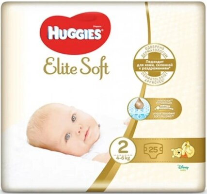 Підгузки Huggies Elite Soft дитячі, розмір 2, 4-6 кг, 25 шт