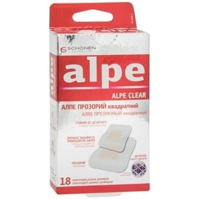 Набор пластирів медичних Alpe Clear Classic на нетканій основі, прозорий, квадратний (38 мм х 38 мм, 22 мм х 22 мм), 18 штук