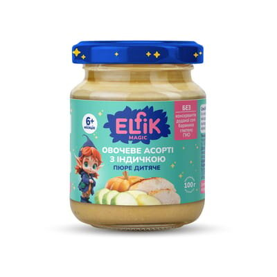 Пюре м'ясо-овочеве Elfik Magic Овочеве асорті з індичкою, 100 г