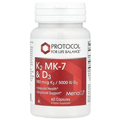 Вітаміни K2 (MK-7) та Д3 Protocol for Life Balance K2 MK-7 & D3, 60 капсул