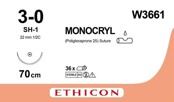 Шовний матеріал хірургічний Monocryl W3661 USP3/0 з антибактеріальним покриттям, що розсмоктується, довжина 70 см, колюча голка 22 мм, 1/2