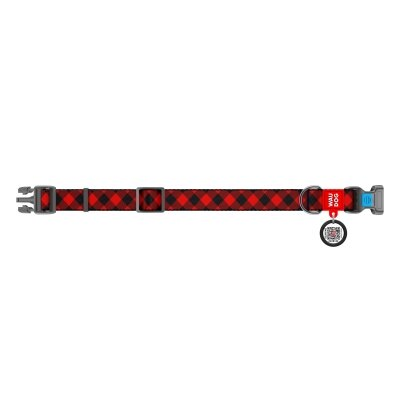 Нашийник Collar WAUDOG Nylon з QR-паспортом, малюнок Шотландка червона, пластиковий фастекс, ширина 15 мм довжина 23-35 см