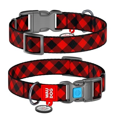 Нашийник Collar WAUDOG Nylon з QR-паспортом, малюнок Шотландка червона, пластиковий фастекс, ширина 15 мм довжина 23-35 см