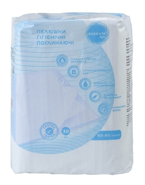 Пелюшки Essenta+ light одноразові гігієнічні гігієнічні поглинаючі 60 х 90 см, 30 шт
