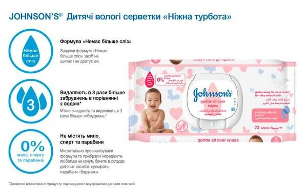 Серветки вологі Johnson's Baby Ніжна турбота дитячі, 72 шт