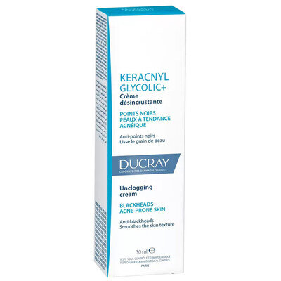 Крем для обличчя Ducray Keracnyl Glycolic+ очищувальний для шкіри схильної до акне та чорних цяток, 30 мл