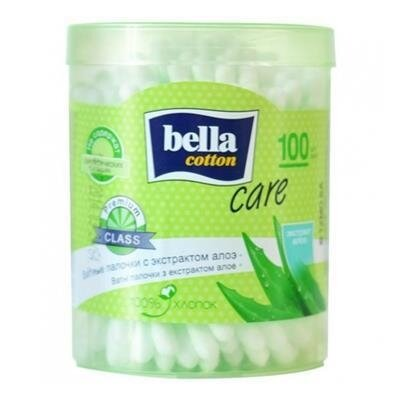 Палички ватні гігієнічні Bella Cotton Care з екстрактом алое пластикова кругла упаковка, 100 штук
