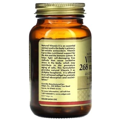 Вітамін Е Solgar Vitamin E 268 мг (400 МО) d-Alpha Tocopherol & Mixed Tocopherols м'які капсули №100