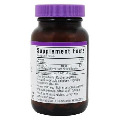 Вітамін D3 1000IU Bluebonnet Nutrition, 90 рослинних капсул