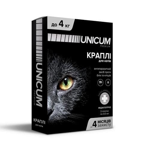 Краплі на холку Unicum Premium від бліх і кліщів для кішок вагою 0-4 кг, 3 штуки