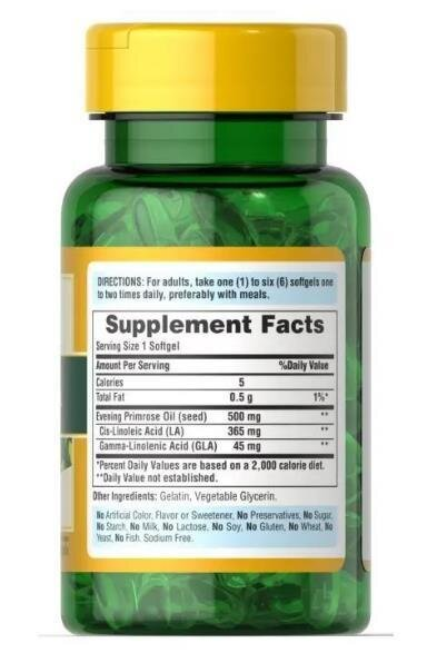 Олія вечірньої примули з гамма-лінолевою кислотою Puritan's Pride Evening Primrose Oil 500 мг з GLA, 100 гелевих капсул