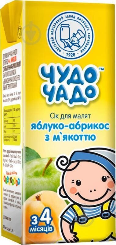 Сік Чудо-Чадо яблучно-абрикосовий з м'якоттю, з цукром, з 4 місяців, 200 мл