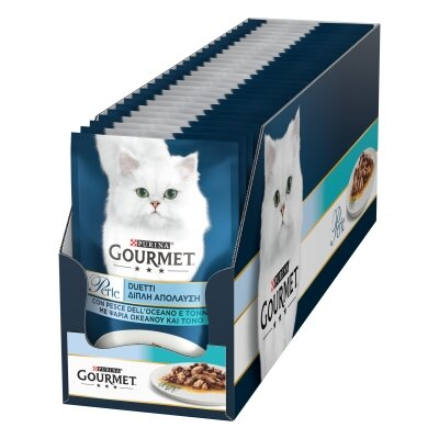 Корм вологий Purina Gourmet Perle Duo з океанічною рибою та тунцем мініфіле в підливі, 85 г