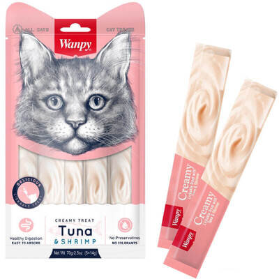 Ласощі кремові для котів Wanpy Creamy Treat Tuna & Shrimp Тунець з креветками, 70 г (5 стіків по 14 г)