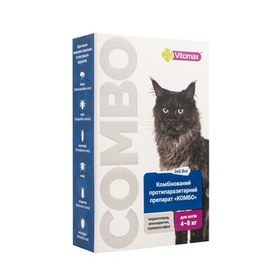 Краплі на холку Vitomax COMBO від екто- та ендо-паразитів для котів 4-8 кг по 0,8 мл, 3 піпетки