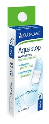 Набір пластирів медичних Ecoplast Aqua stop mini бактерицидних, прозорих 72 х 19 мм, 8 штук