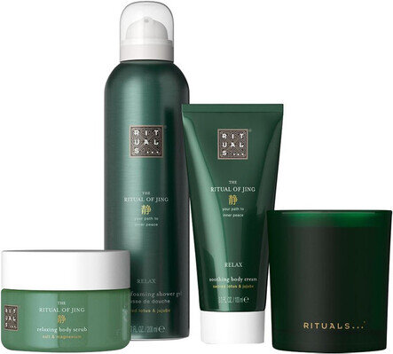 Набір Rituals The Ritual Of Jing Gift Set M (Крем для тіла 100 мл + Скраб для тіла 125 мл + Гель для душу 200 мл + Ароматична свічка 140 г)
