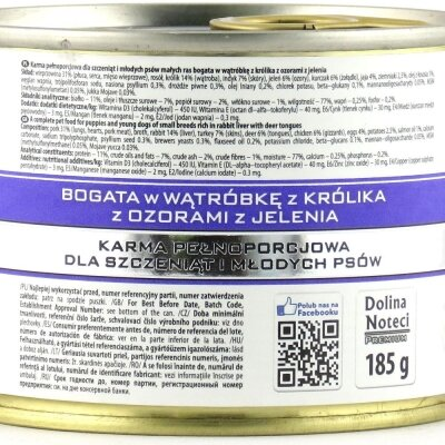 Консерва для цуценят та молодих собак Dolina Noteci Premium Junior з печінкою кролика та оленячою мовою, 185 г