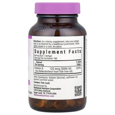 Вітамін D3 5000IU Bluebonnet Nutrition Vitamin D3, 100 м'яких желатинових капсул