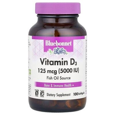 Вітамін D3 5000IU Bluebonnet Nutrition Vitamin D3, 100 м'яких желатинових капсул