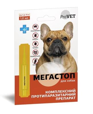 Краплі ProVet МегаСтоп від бліх, кліщів і глистів для собак вагою від 4 до 10 кг, 1 піпетка по 1 мл