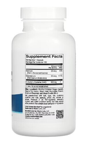 N-ацетилцистеїн з селеном та молібденом Lake Avenue Nutrition NAC with Selenium & Molybdenum 600 мг, 120 веганських капсул