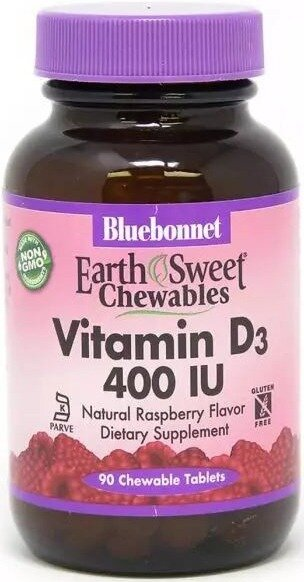 Вітамін D3 400IU Bluebonnet Nutrition Earth Sweet Chewables, смак малини жувальні таблетки №90
