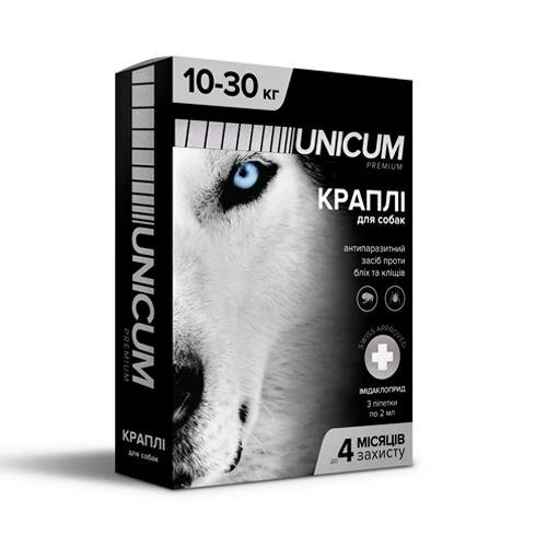 Краплі на холку Unicum Premium від бліх і кліщів для собак вагою 10-30 кг, 3 штуки