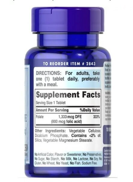 Фолієва кислота Puritan's Pride Folic Acid 800 мкг, 250 таблеток