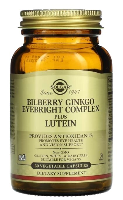 Комплекс очанки з чорницею, гінкго та лютеїном Solgar Bilberry Ginkgo Eyebright Complex Plus Lutein вег. капсули №60
