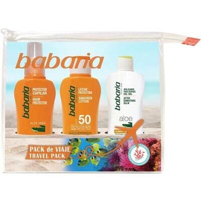 Набір Babaria Захист від сонця (Молочко сонцезахисне SPF50 100 мл + Лосьйон після засмаги 100 мл + Засіб для захисту волосся 100 мл + косметичка)
